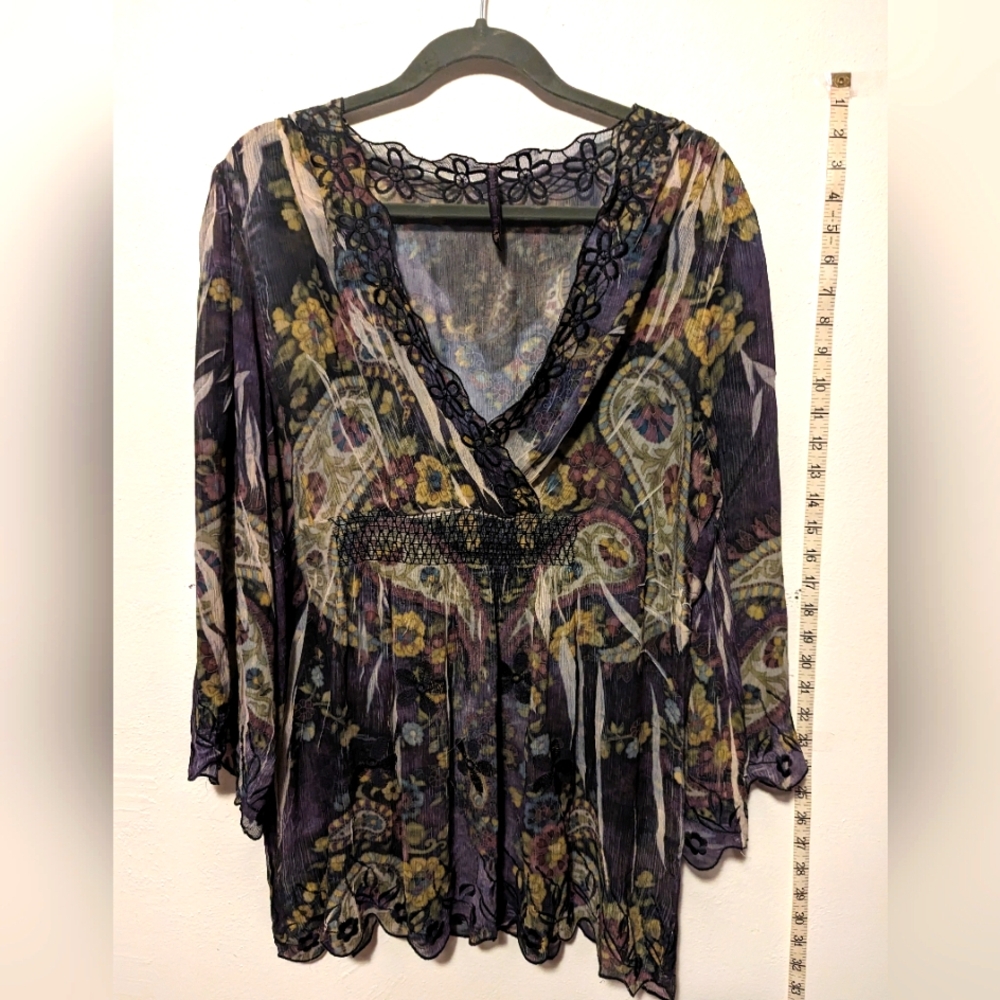 Vintage Bohemian shirt by Musha Sienna Rose. Purple with pastel colored paisleys